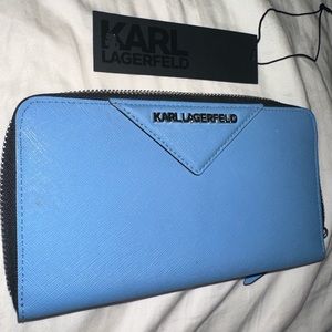 Karl Lagerfeld Zip Around Leather Wallet Blue NWT